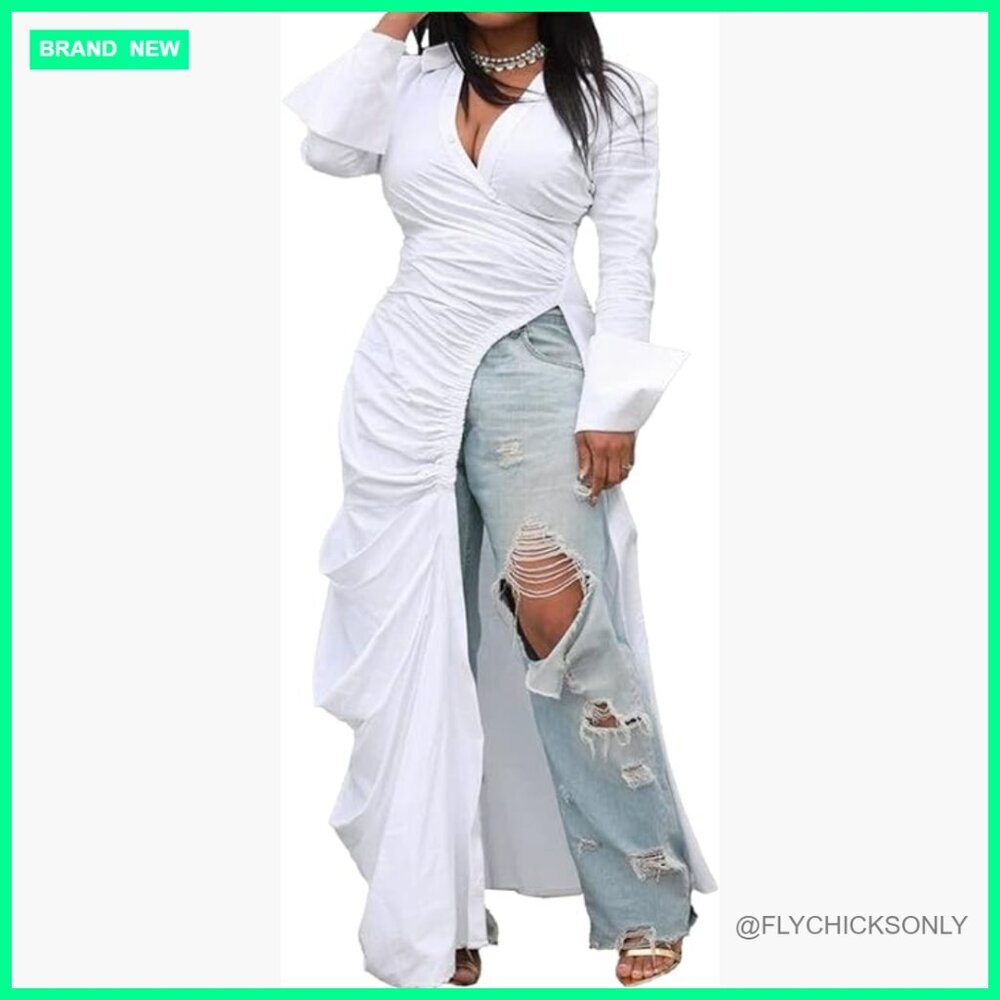 Deep V Neck Ruched Long Sleeve Side Split High Low Irregular Hem Top